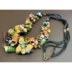 Vintage Mexican Hand Made Folk Art Clay Colorful Pottery Mug Cup Necklace 32”